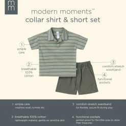 2-Piece Toddler Boys Green Stripe Johnny Collar Shirt and Shorts Set