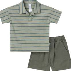 2-Piece Toddler Boys Green Stripe Johnny Collar Shirt and Shorts Set