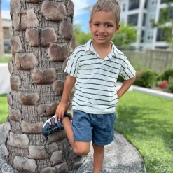 2-Piece Toddler Boys Ivory Stripe Johnny Collar Shirt and Shorts Set