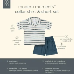 2-Piece Toddler Boys Ivory Stripe Johnny Collar Shirt and Shorts Set