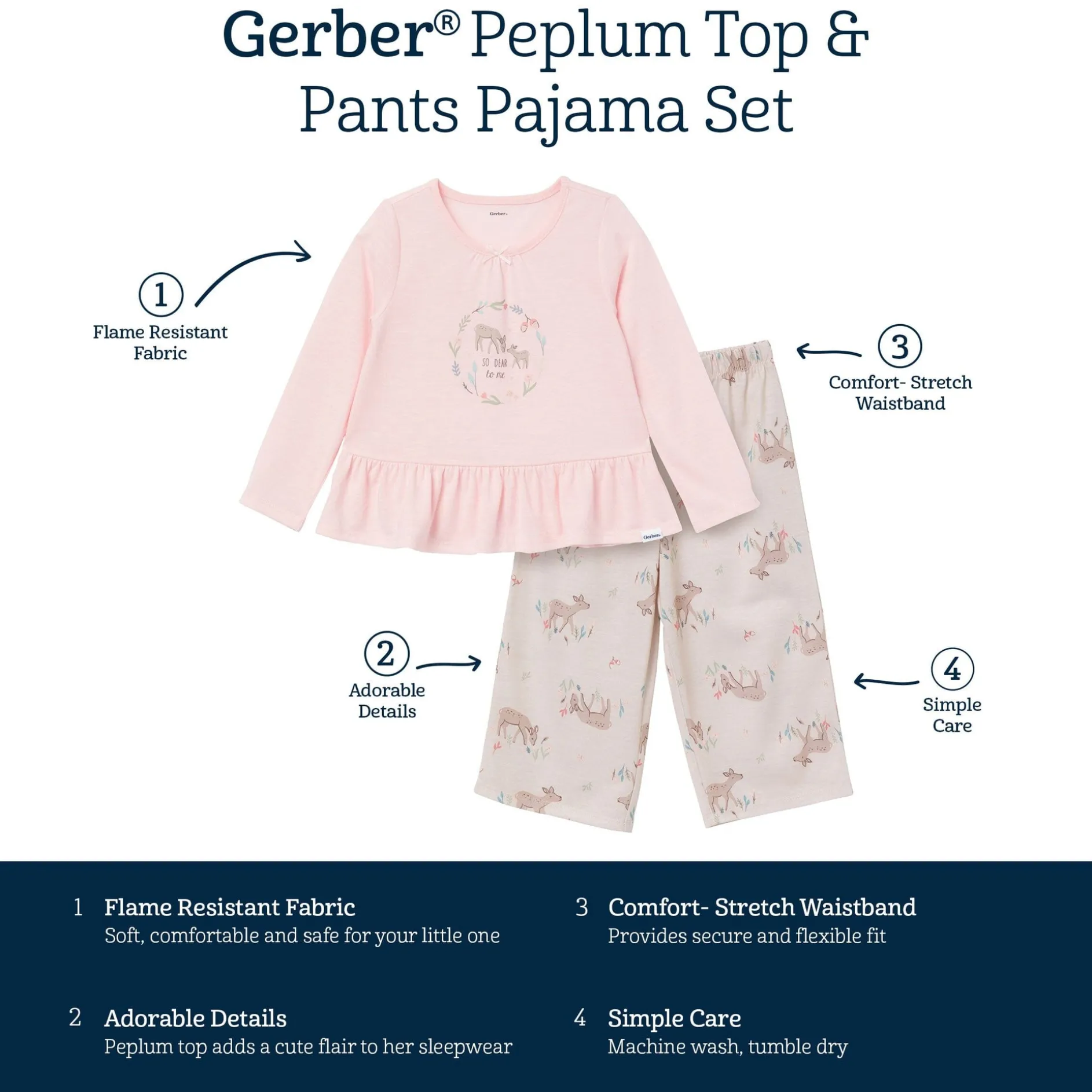 2-Piece Toddler Girls Deer Peplum Pajama Set