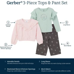 3-Piece Toddler Girls Pink/Brown Tops and Pants