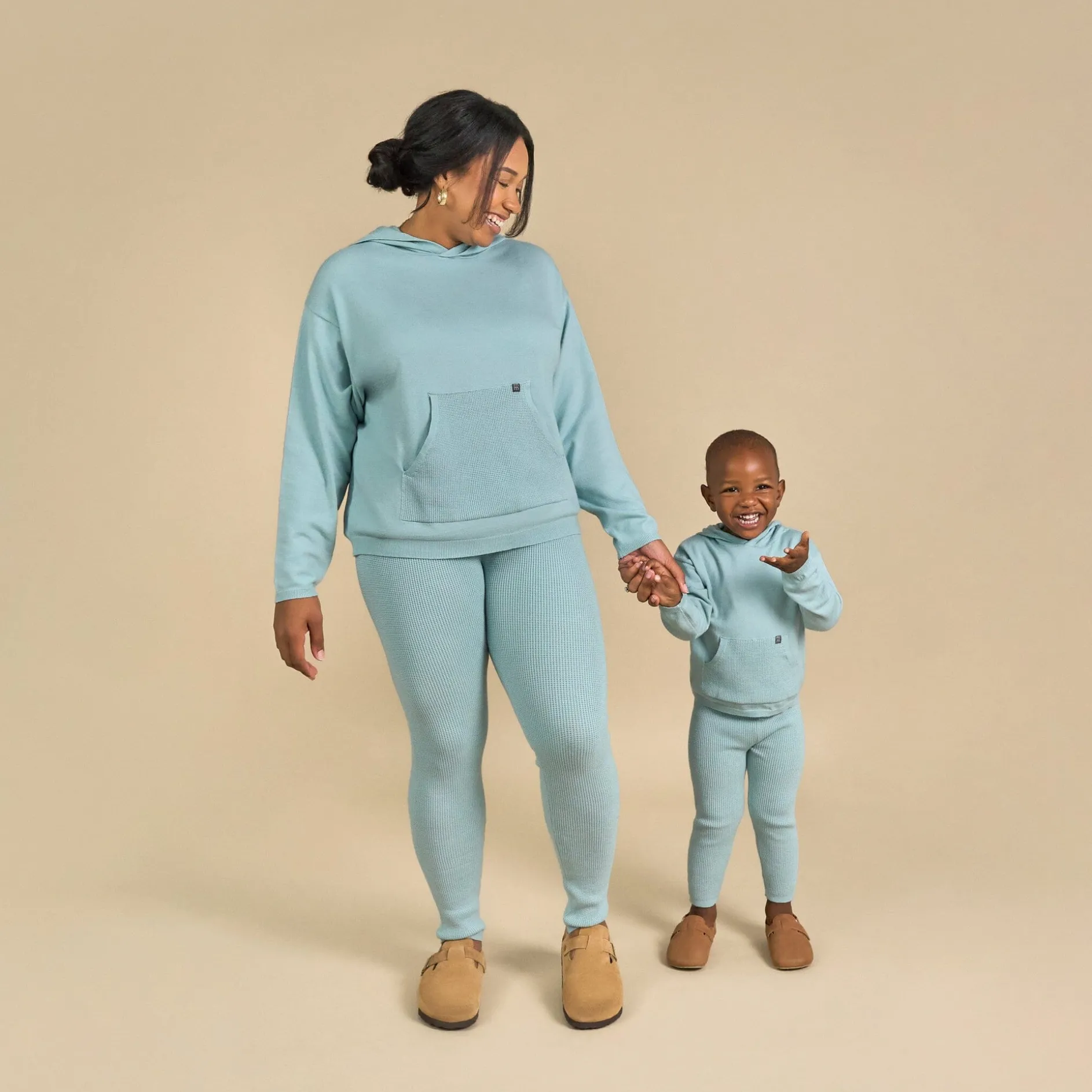 2-Piece Women's Medium Sky Hooded Waffle Top and Legging Viscose Set